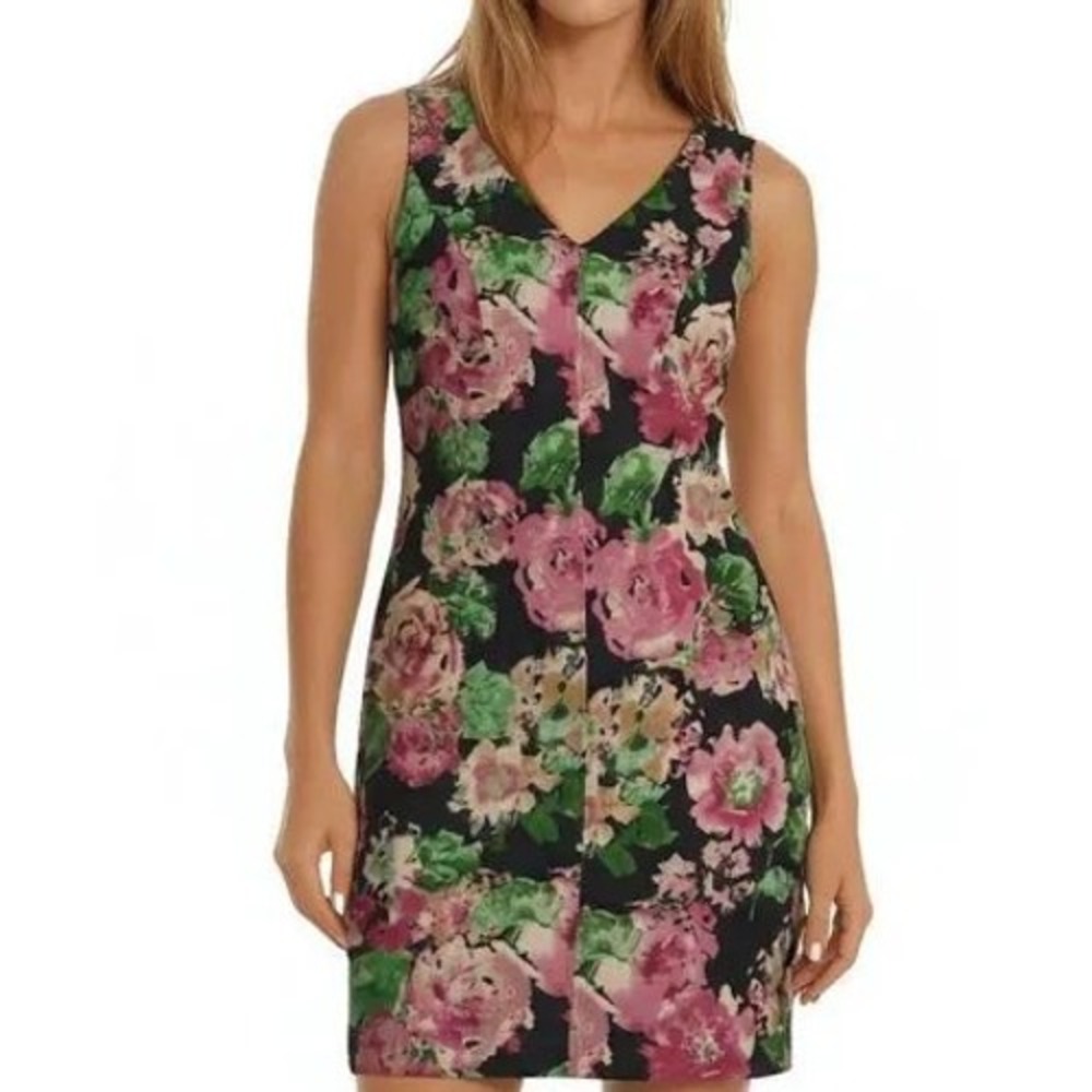 Talbots Floral Denim Sheath Dress Sleeveless Black Pink Size 16 New